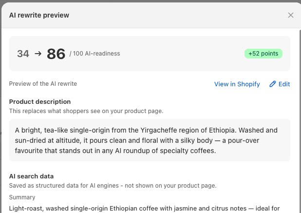 AEO Pro AI rewrite preview showing the AI-readiness score jumping from 34 to 86